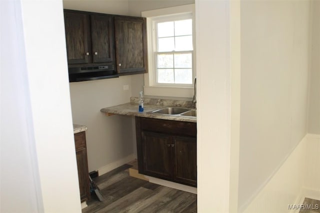 kitchen featuring extractor fan, dark hardwood / wood-style flooring, sink, and dark brown cabinets