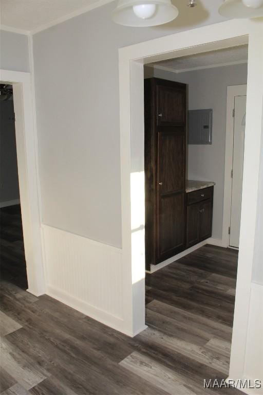 hall with dark hardwood / wood-style floors, crown molding, and electric panel