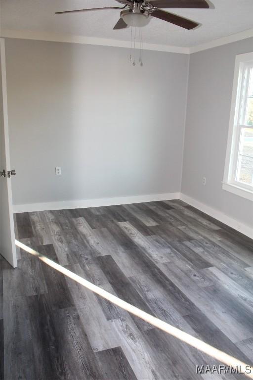 empty room with ceiling fan, dark hardwood / wood-style flooring, and crown molding