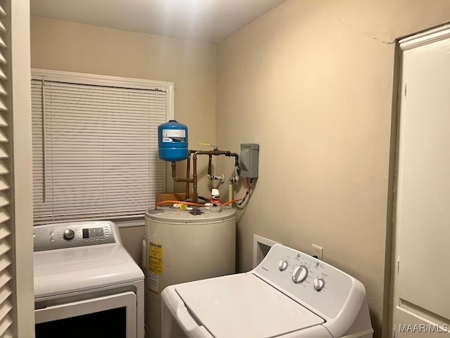 laundry area featuring electric water heater and washing machine and dryer