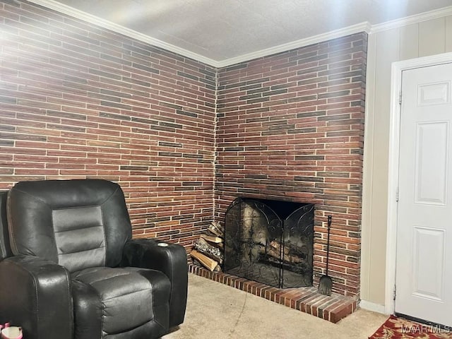 living area with carpet floors, a brick fireplace, and ornamental molding