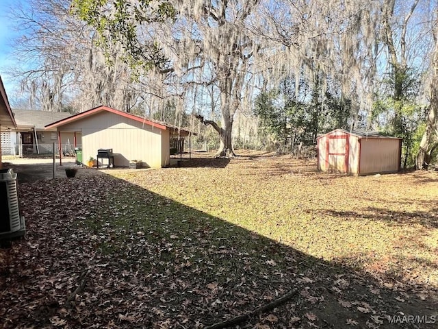 view of yard featuring a shed