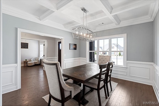 dining room featuring dark wood-style floors, coffered ceiling, beam ceiling, and a healthy amount of sunlight