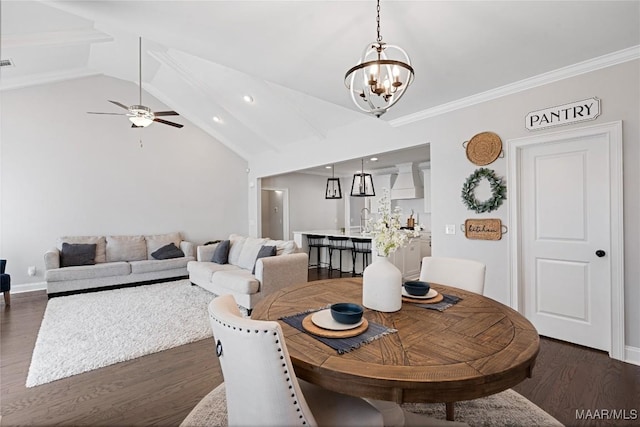 dining area featuring baseboards, dark wood-style flooring, ceiling fan with notable chandelier, vaulted ceiling, and recessed lighting