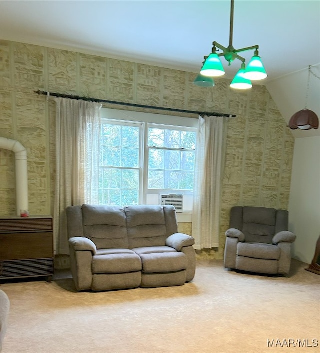 carpeted living room featuring cooling unit and vaulted ceiling