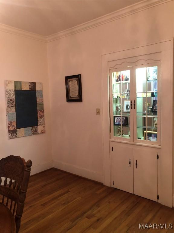 interior space featuring dark wood-type flooring and ornamental molding