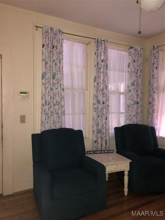 living area featuring hardwood / wood-style floors and crown molding