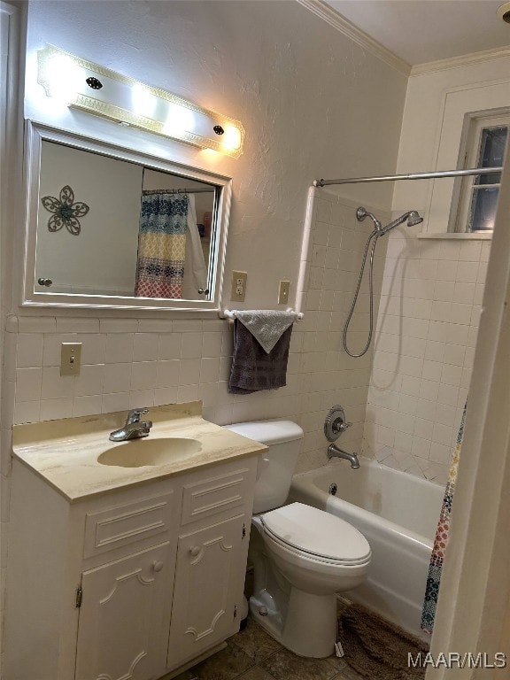 full bathroom featuring shower / bath combination with curtain, decorative backsplash, ornamental molding, vanity, and toilet