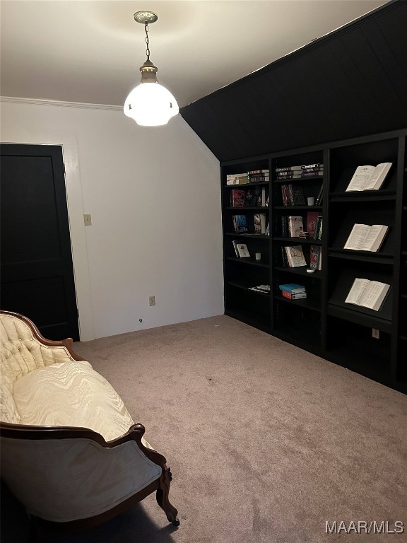 sitting room featuring lofted ceiling and carpet flooring