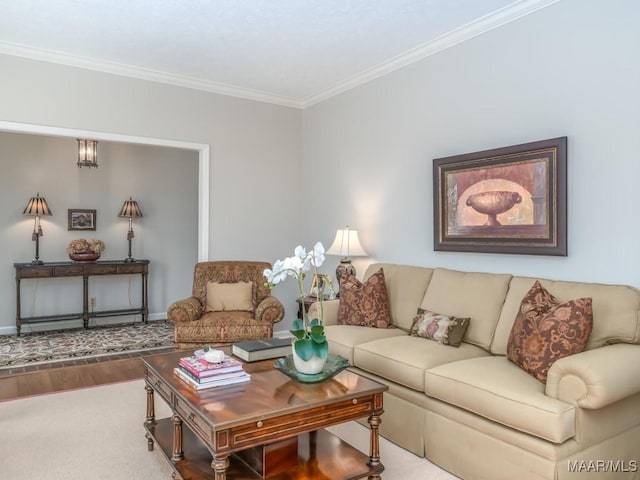 living room with crown molding