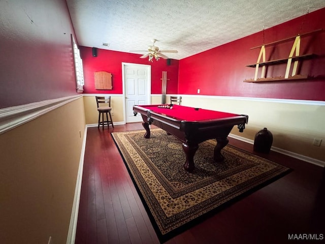 3601 Richardson Rd S, Hope Hull, AL 36043 - playroom featuring a textured ceiling, billiards table, ceiling fan, and hardwood / wood-style flooring
