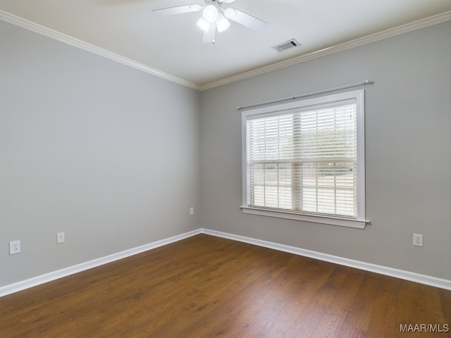 unfurnished room featuring crown molding, ceiling fan, and dark hardwood / wood-style flooring