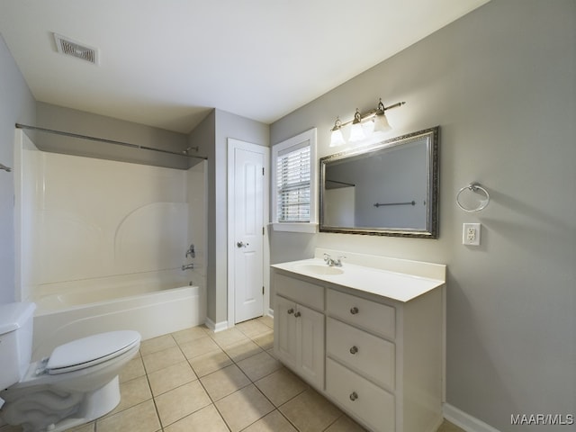 full bathroom with vanity, toilet, shower / bath combination, and tile patterned flooring