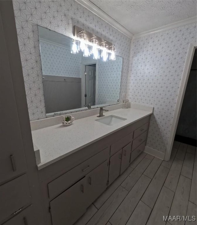 bathroom featuring crown molding, vanity, and a textured ceiling