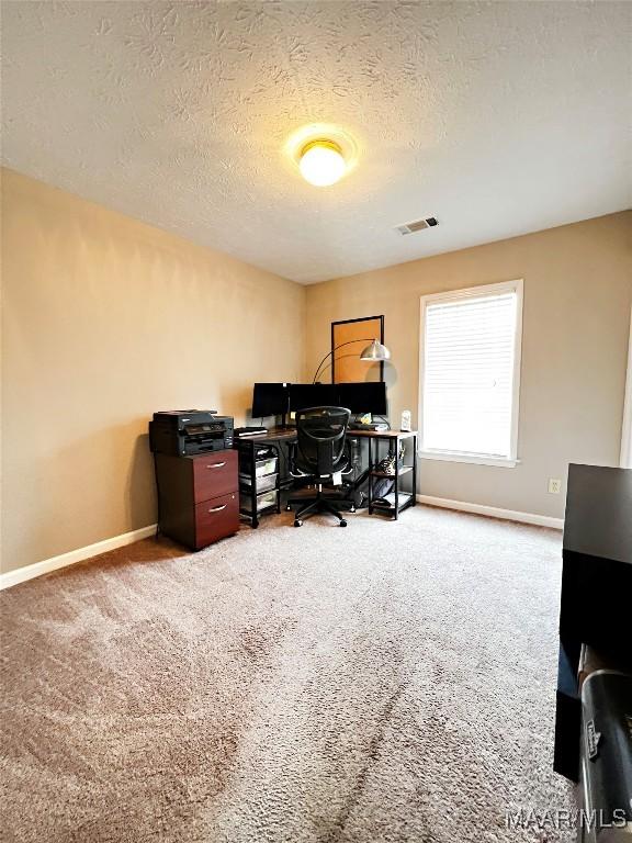 office with carpet floors and a textured ceiling