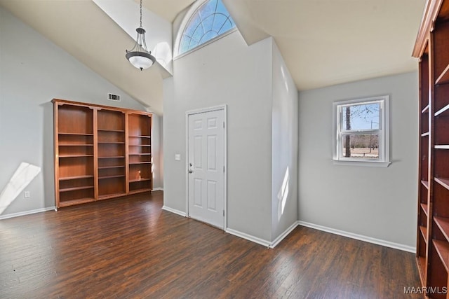 interior space featuring dark wood-type flooring and lofted ceiling