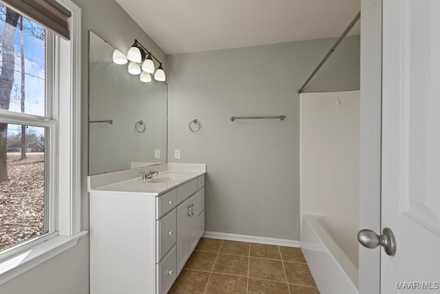 bathroom with vanity,  shower combination, and tile patterned floors