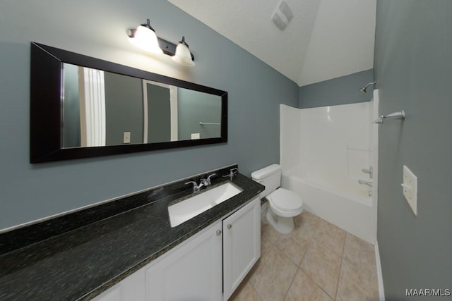 full bathroom featuring toilet, tile patterned flooring, vanity, washtub / shower combination, and lofted ceiling