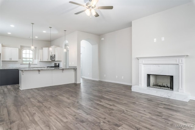 kitchen with pendant lighting, stainless steel appliances, a fireplace, white cabinets, and decorative backsplash