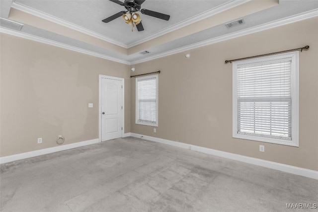 spare room with ceiling fan, light colored carpet, crown molding, and a raised ceiling