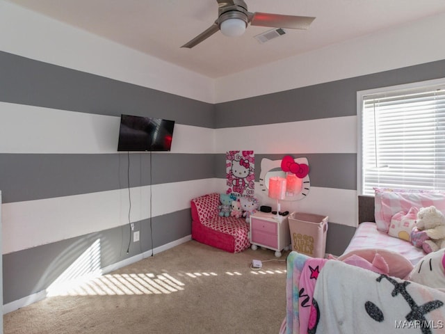 carpeted bedroom featuring ceiling fan