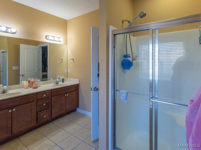 bathroom featuring a shower with door, tile patterned floors, and vanity