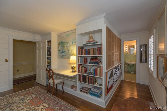 corridor with crown molding and dark hardwood / wood-style floors