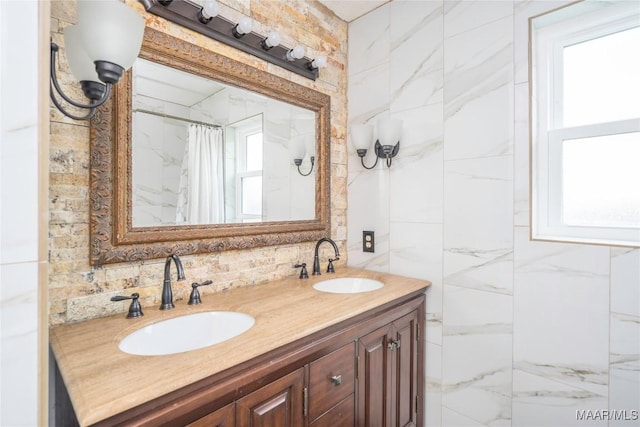 bathroom featuring vanity and walk in shower