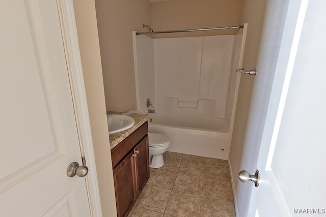 full bathroom featuring vanity, bathing tub / shower combination, and toilet