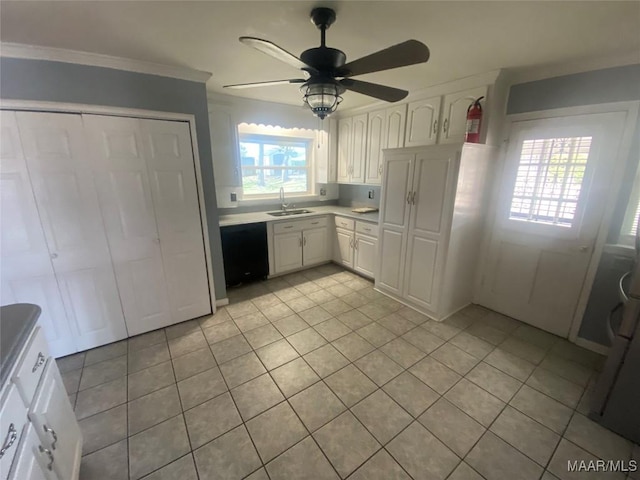 kitchen with ceiling fan, black dishwasher, sink, and white cabinets