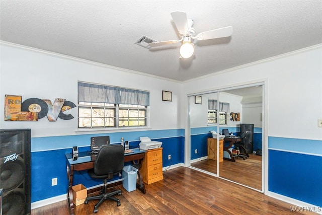 home office with ornamental molding, ceiling fan, a textured ceiling, and dark hardwood / wood-style flooring