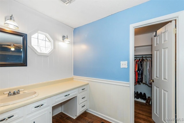 bathroom featuring hardwood / wood-style flooring and vanity