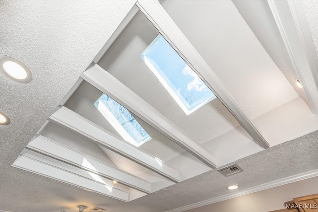 details featuring crown molding and a skylight