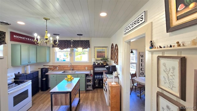 kitchen featuring white electric range oven, sink, hanging light fixtures, wooden ceiling, and dark hardwood / wood-style floors