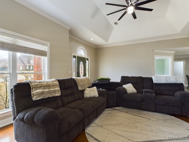 living area featuring visible vents, a ceiling fan, wood finished floors, crown molding, and recessed lighting