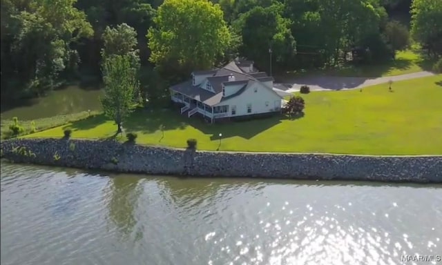 drone / aerial view featuring a water view