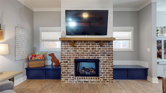 living room featuring crown molding, a healthy amount of sunlight, a fireplace, and light hardwood / wood-style flooring