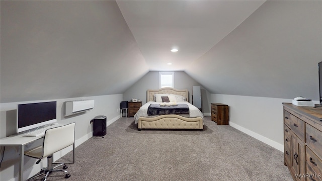 carpeted bedroom with lofted ceiling