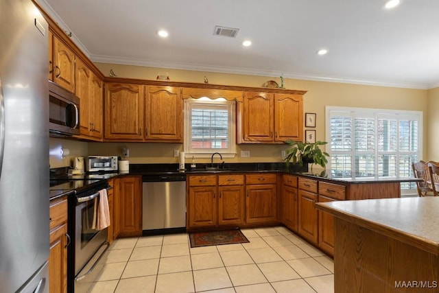 kitchen with sink, ornamental molding, a healthy amount of sunlight, and appliances with stainless steel finishes