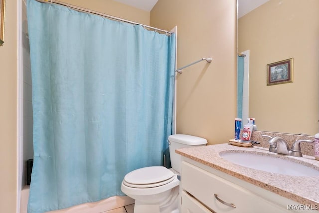 full bathroom with vanity, tile patterned floors, shower / bath combination with curtain, and toilet