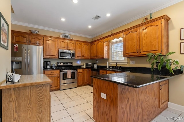 kitchen featuring sink, light tile patterned floors, crown molding, stainless steel appliances, and kitchen peninsula