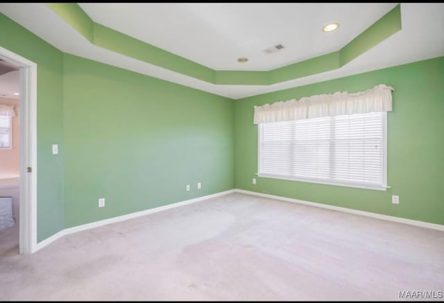 carpeted empty room with a raised ceiling