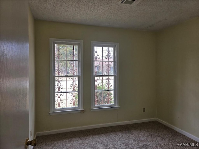 unfurnished room with carpet floors and a textured ceiling