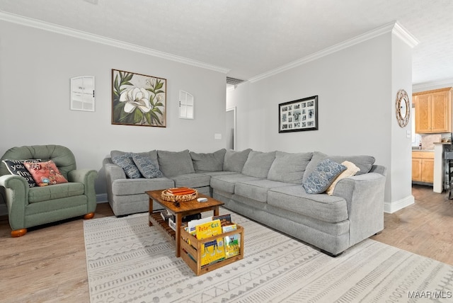 living room with ornamental molding and light wood-type flooring