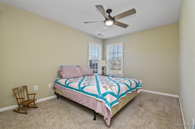 bedroom with light colored carpet and ceiling fan