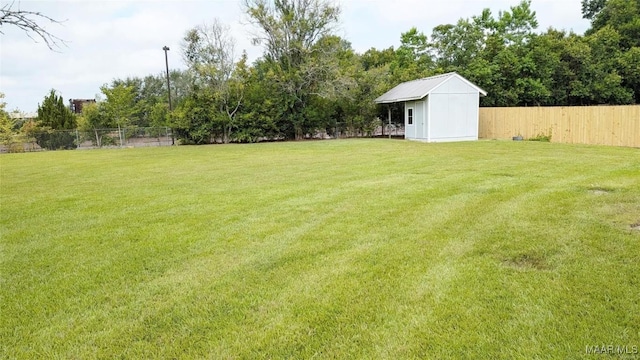 view of yard featuring a storage unit