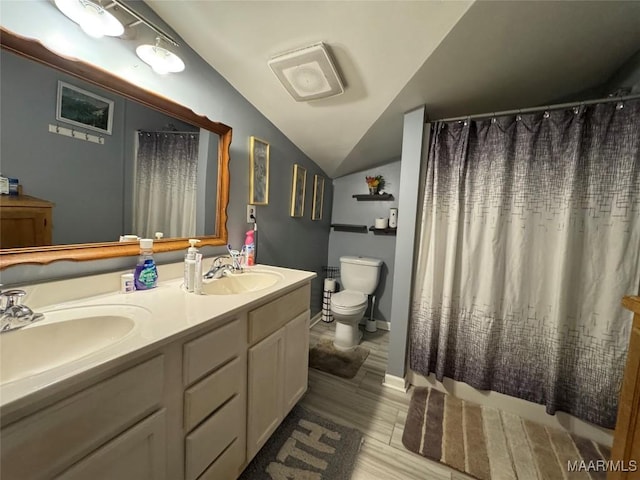 bathroom featuring vanity, toilet, and vaulted ceiling