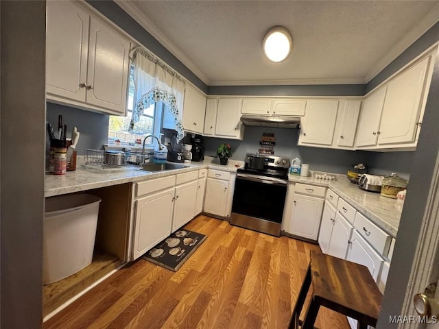 kitchen with white cabinetry, stainless steel range with electric cooktop, and light wood-type flooring