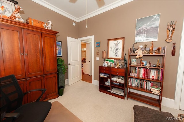 living area with crown molding and light colored carpet