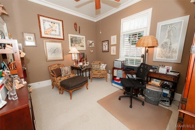 home office featuring crown molding, carpet flooring, and ceiling fan